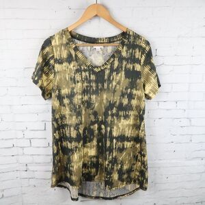 LULAROE BLACK & YELLOW ABSTRACT PRINT SHORT SLEEVE V NECK TOP SIZE MEDIUM